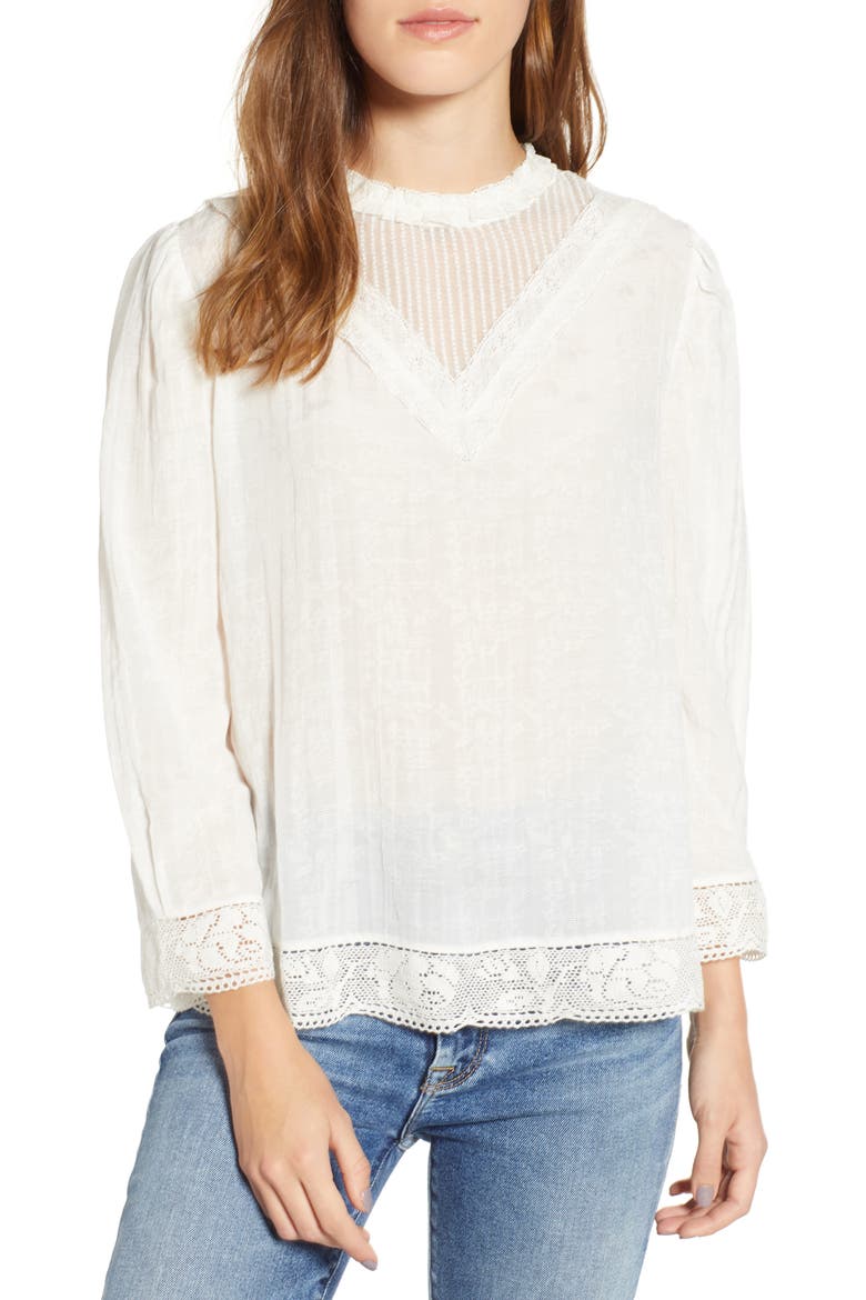 Lace Detail High Neck Top, Main, color, WHITE SNOW