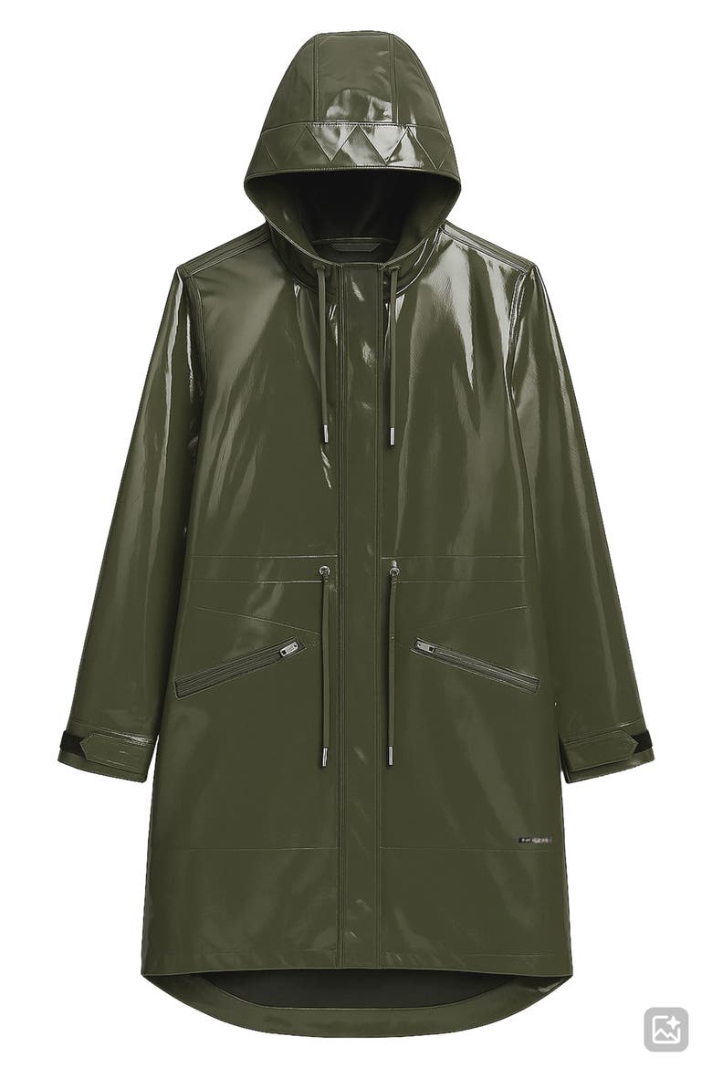 Sibil-V Hooded Water Resistant Coated Vinyl Raincoat, Alternate, color, KHAKI VINYL