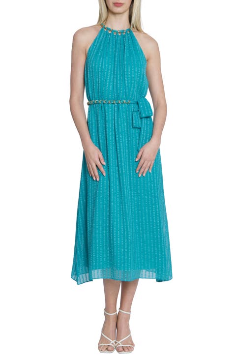 Chain Trim Metallic Stripe Sleeveless Midi Dress