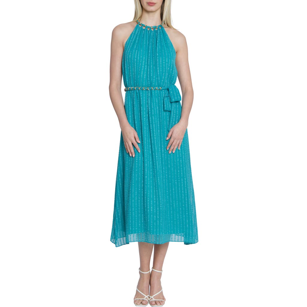 Maggy London Chain Trim Metallic Stripe Sleeveless Midi Dress