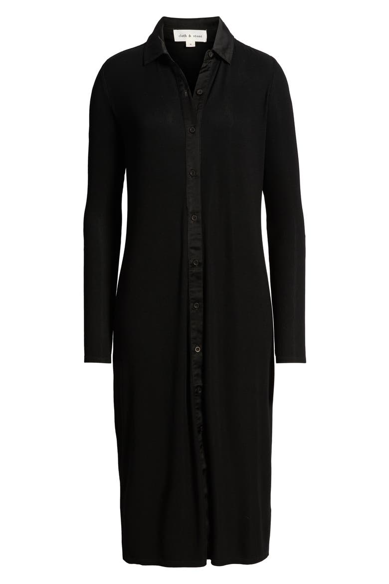 Front Button Long Sleeve Rib Midi Dress, Alternate, color, BLACK