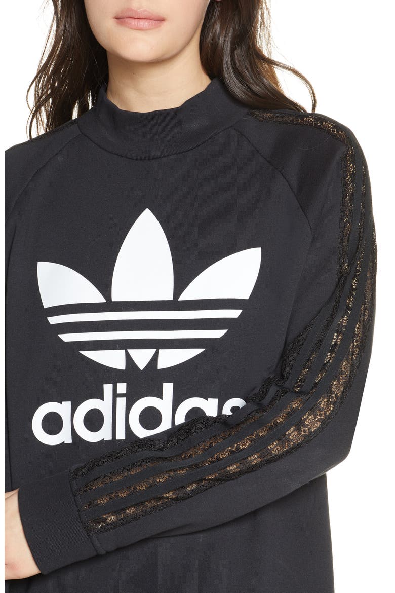 Lace Stripe Logo Cotton Sweatshirt, Alternate, color, BLACK