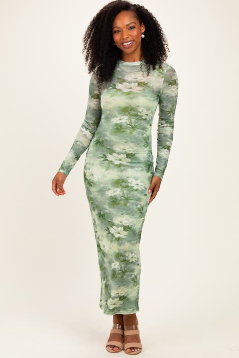 Floral Mesh Overlay Maxi Dress
