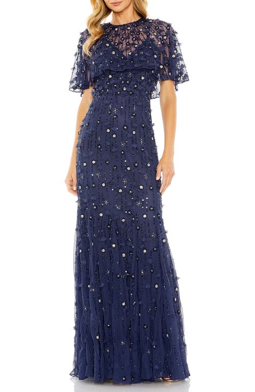 Mac Duggal Embellished Illusion Cape Sleeve Trumpet Gown In Midnight