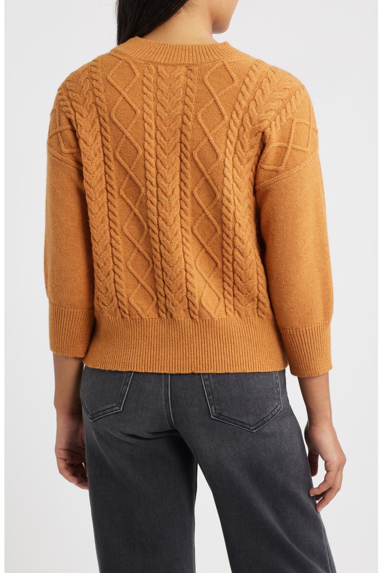 Three-Quarter Sleeve Cable Knit Sweater, Alternate, color, COGNAC