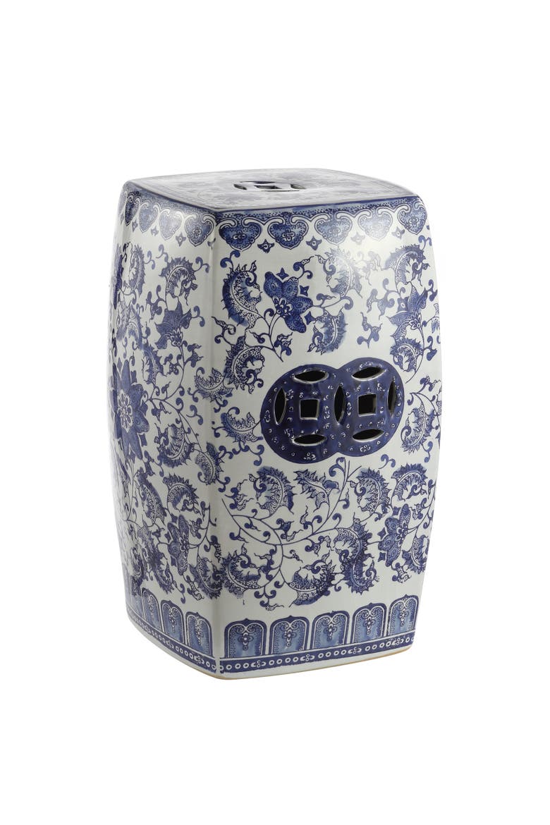 Floral Vine Traditional Floral Chinoiserie Ceramic Drum Garden Stool, Pierced Indoor/Outdoor Patio Seat & Side Table, Main, color, Blue/White