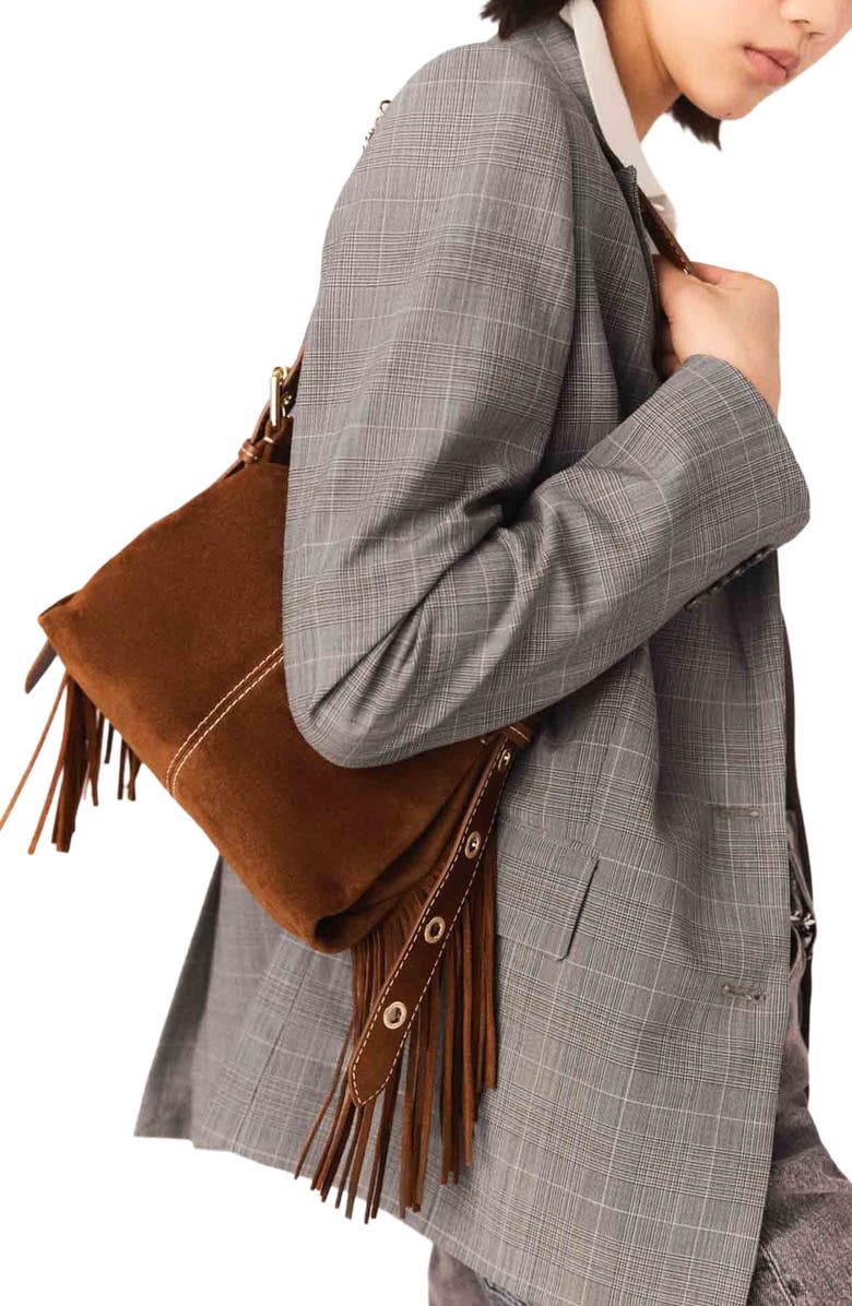 maje Topstitched suede Miss M Mini bag, Alternate, color, Brown