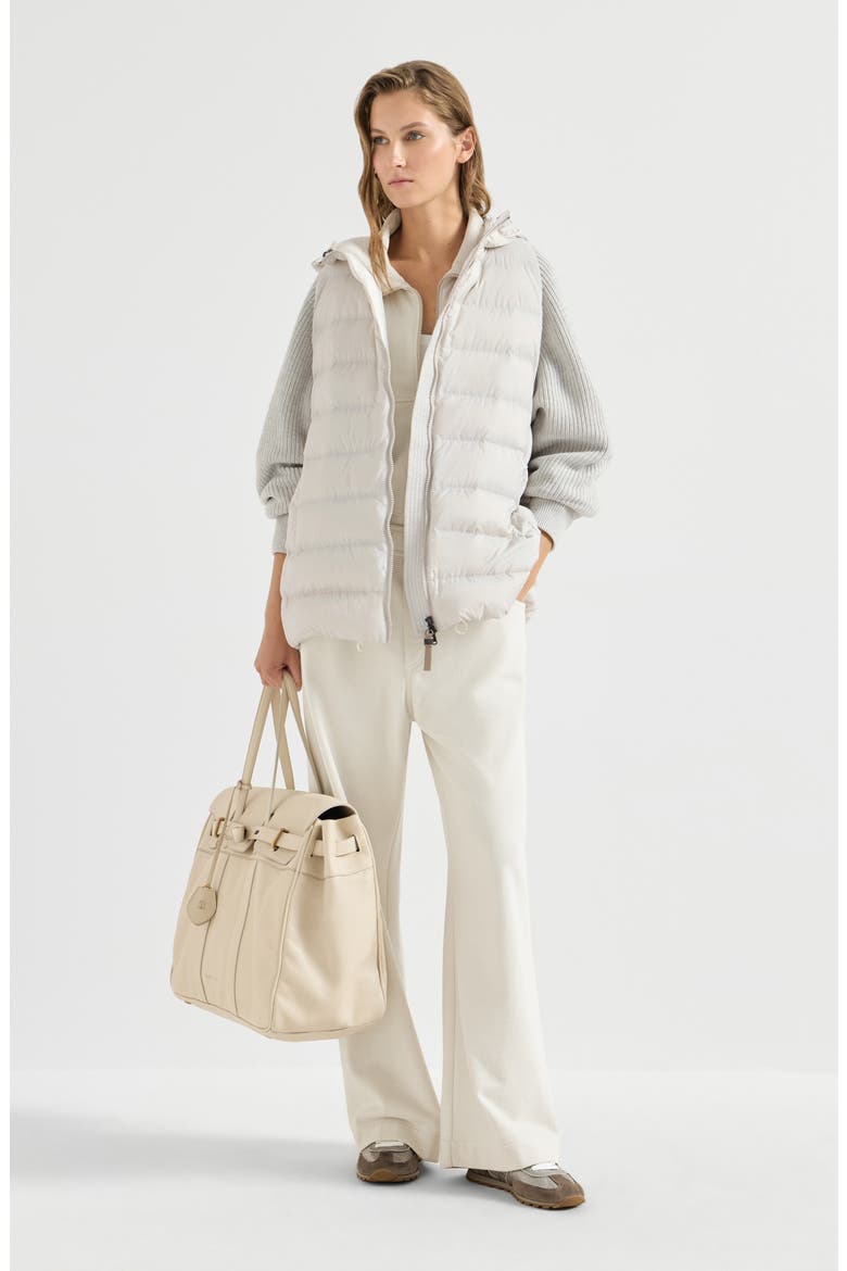 Water-resistant matte nylon hooded down jacket with virgin wool, cashmere and silk knit sleeves and shiny zipper pull, Alternate, color, Light Grey