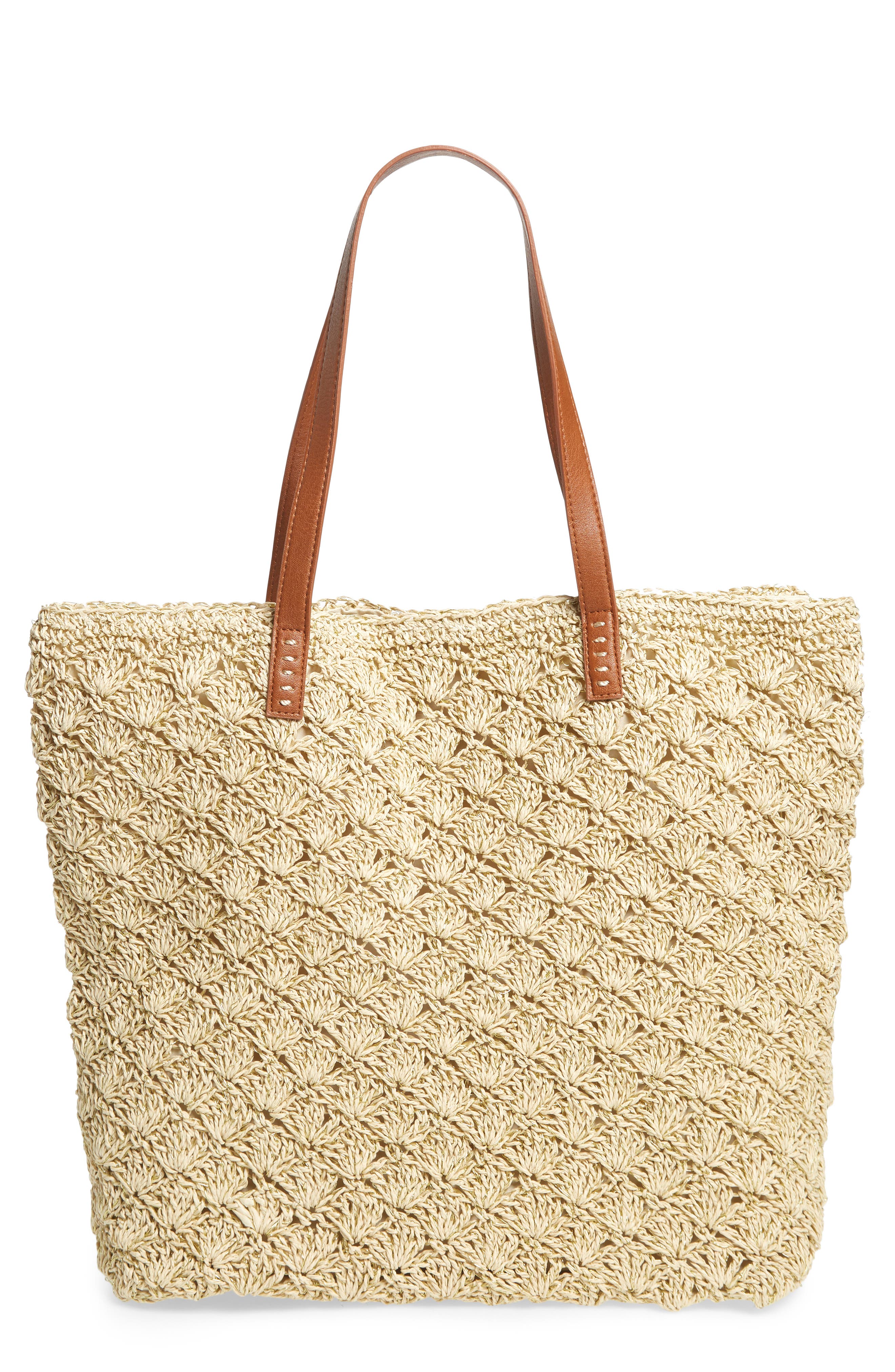 Barnet Metallic Straw Packable Woven Tote, Main, color, NATURAL