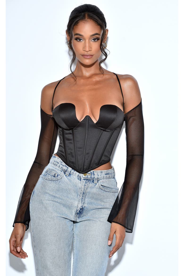 Pixie Mesh Sleeve Halter Corset Satin Top, Alternate, color, Black