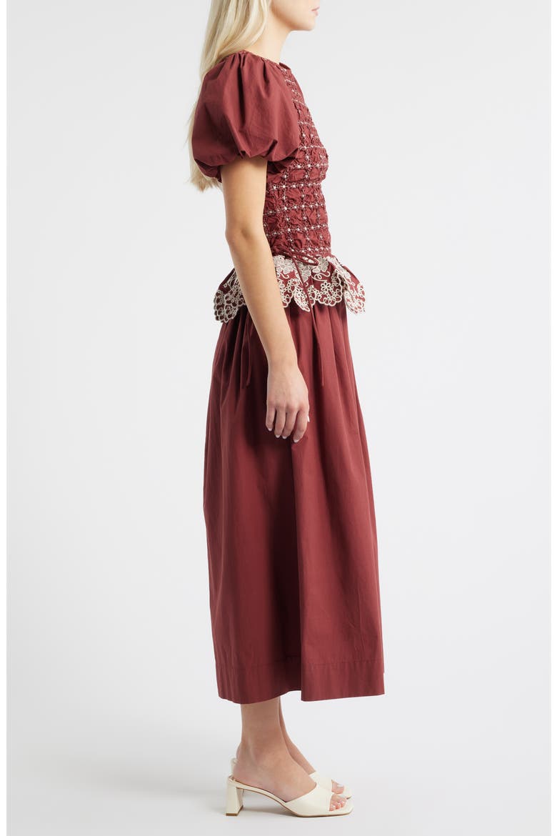 Audrey Smocked Puff Sleeve Organic Cotton Midi Dress, Alternate, color, RED