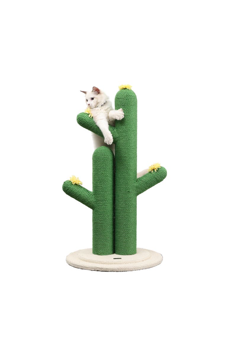 Socorro 34.25" Modern Jute Double-Cactus Cat Scratching Post with Flower Toys, Main, color, Green
