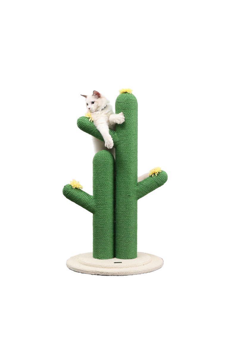 The Licker Store Socorro 34.25" Modern Jute Double-Cactus Cat Scratching Post with Flower Toys, Main, color, Green