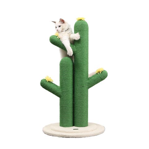Socorro 34.25" Modern Jute Double-Cactus Cat Scratching Post with Flower Toys