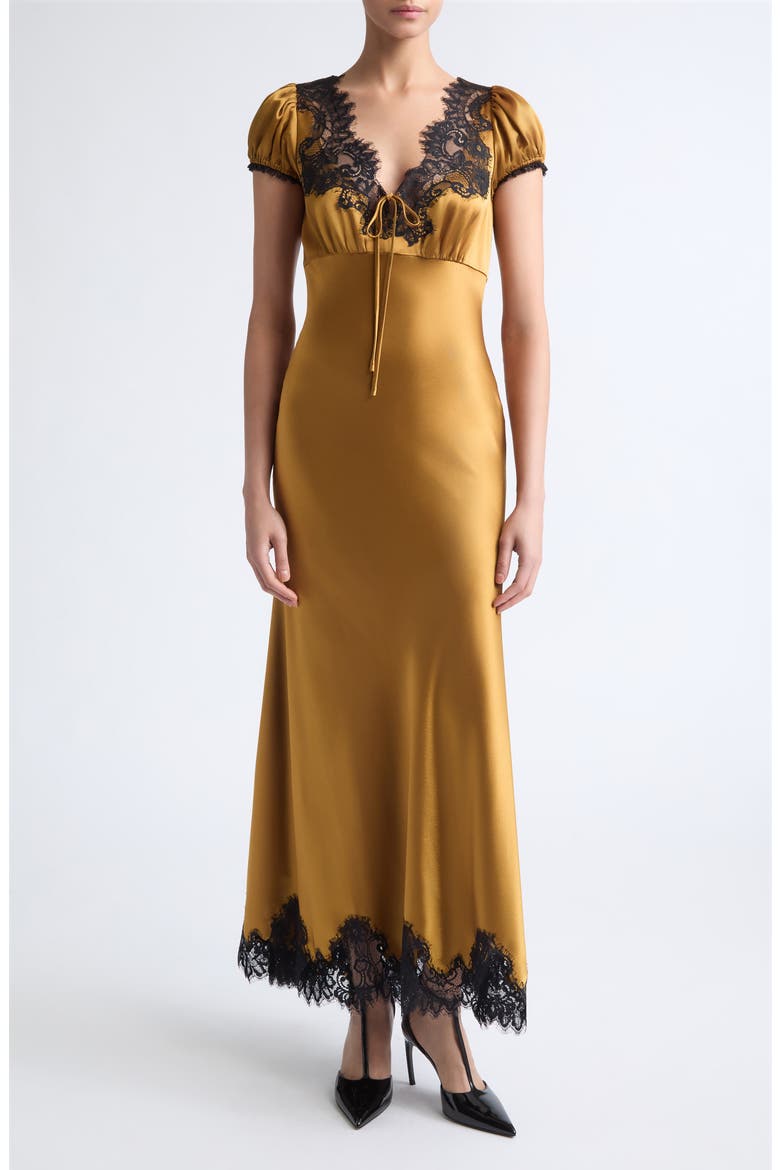 Sienne Lace Trim Satin Midi Dress, Main, color, HONEY BRONZE/ BLACK