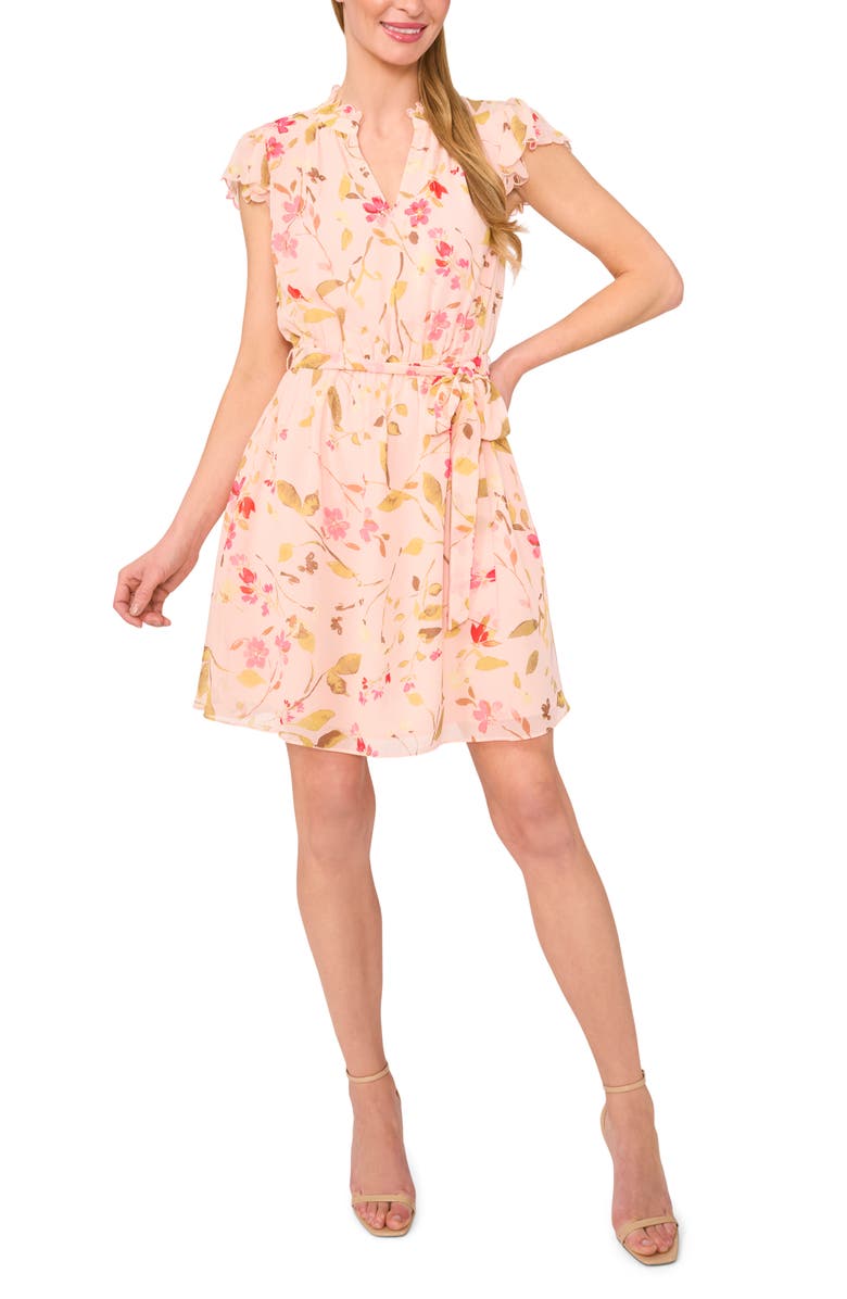 CeCe Floral Flutter Sleeve Dress, Main, color, Sugar Peach