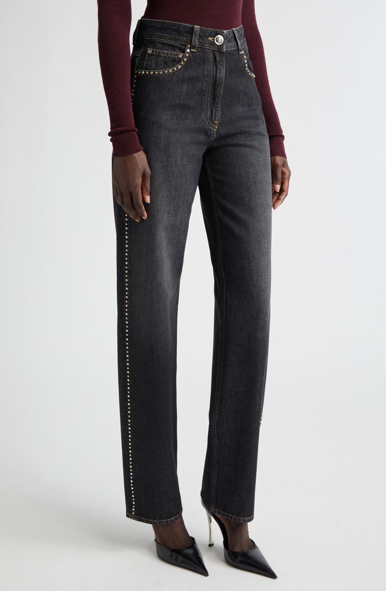 Versace Studded Straight Leg Jeans, Main, color, Black