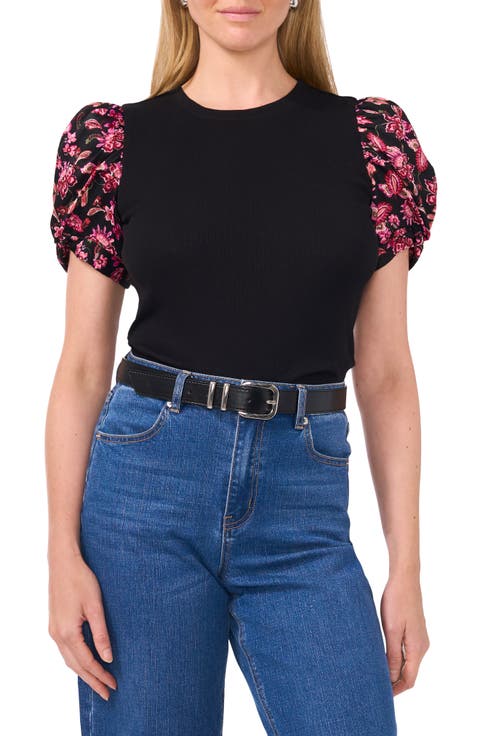 Floral Puff Sleeve Cotton T-Shirt