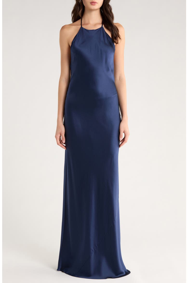 Jeany Silk Charmeuse Halter Dress, Main, color, NAVY