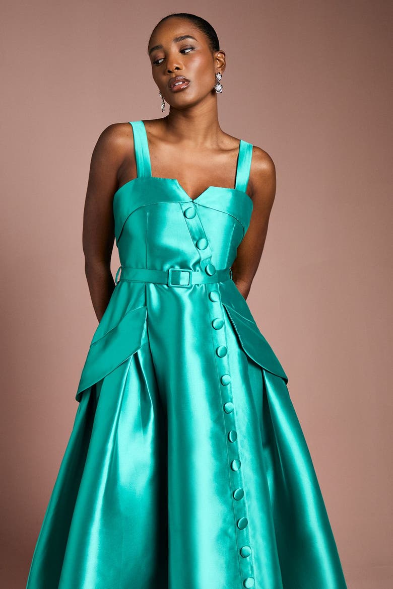 Button-Trim Belted Full Skirt Midi Dress, Alternate, color, Teal