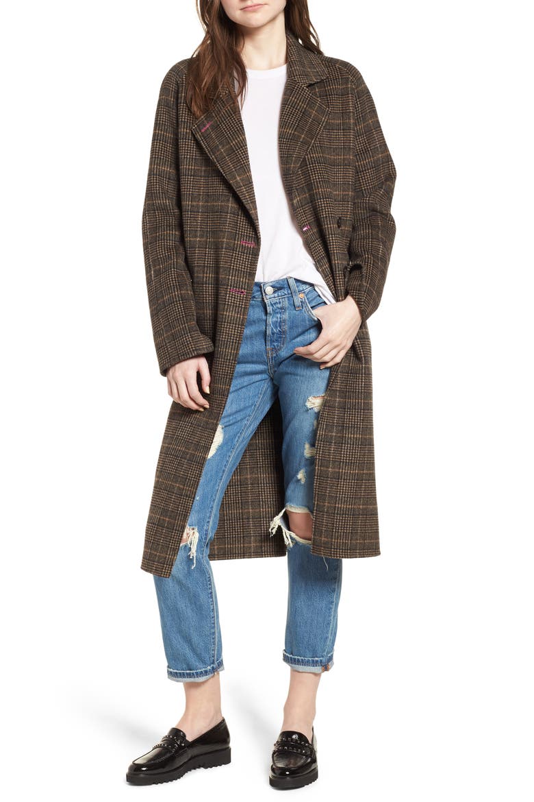 Double Face Plaid Wool Blend Coat, Main, color, BROWN PLAID
