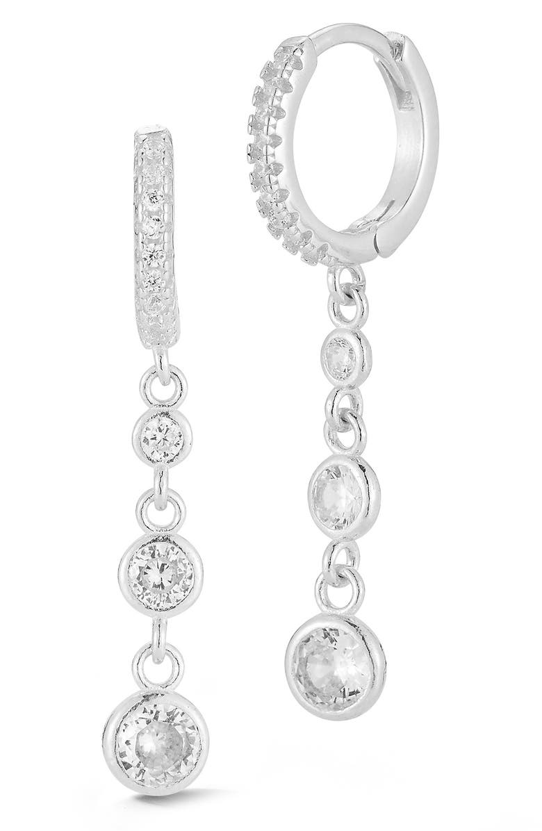 SPHERA MILANO Rhodium Plated Sterling Silver CZ Drop Huggie Hoop Earrings, Main, color, Silver