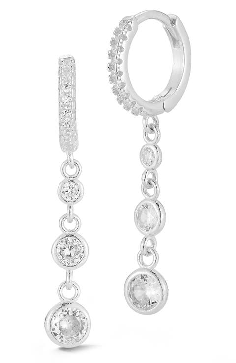 Rhodium Plated Sterling Silver CZ Drop Huggie Hoop Earrings