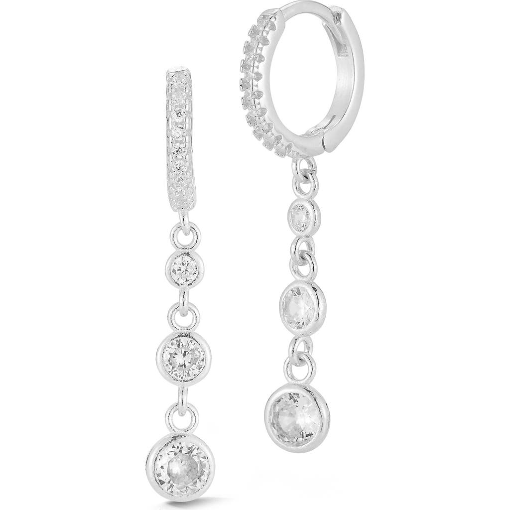 Sphera Milano Rhodium Plated Sterling Silver Cz Drop Huggie Hoop Earrings In Metallic