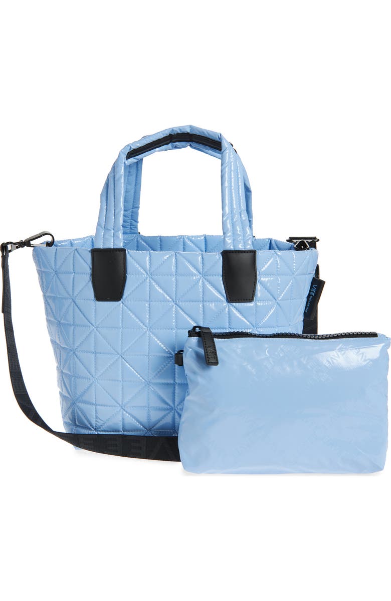 VeeCollective Small Vee Quilted Recycled Nylon Tote, Alternate, color, Cerulean Vinyl