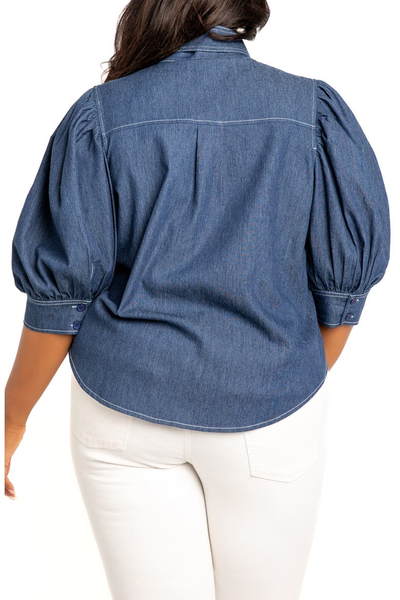 Bow Neck Denim Shirt, Alternate, color, DENIM BLUE