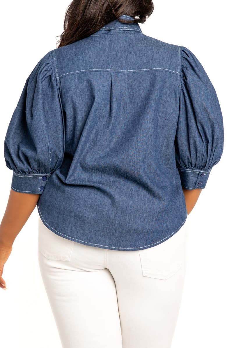 BUXOM COUTURE Bow Neck Denim Shirt, Alternate, color,