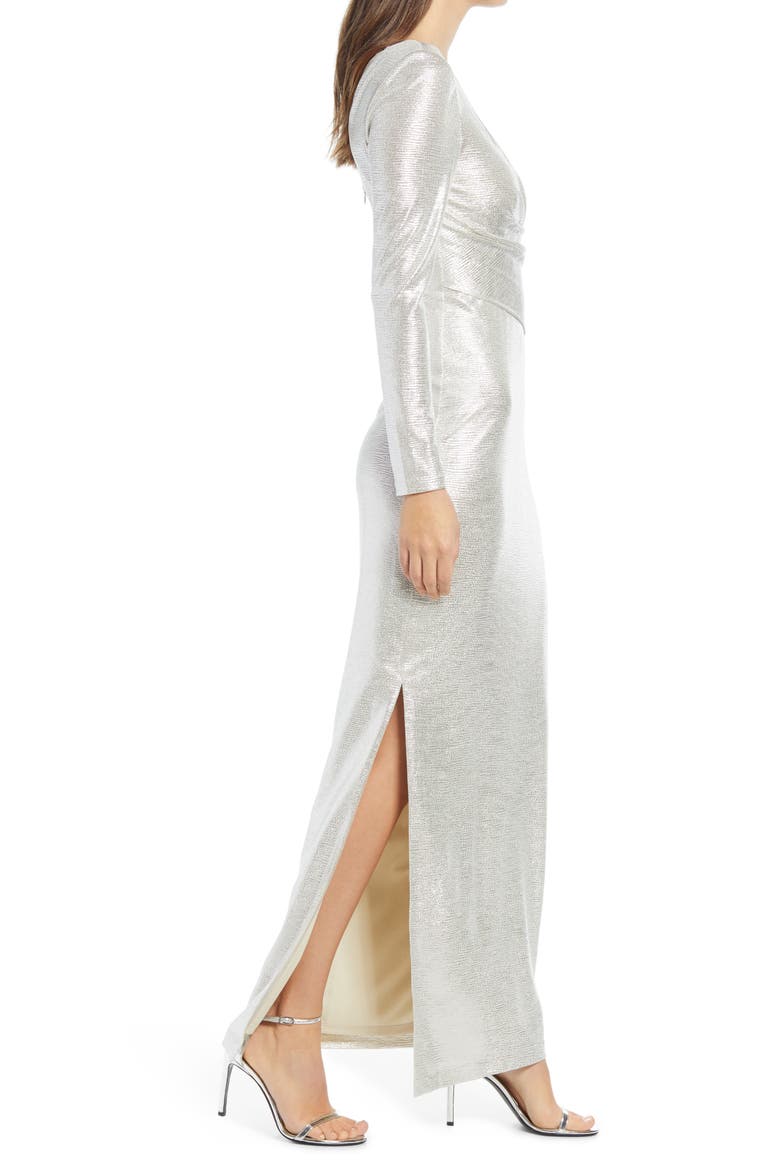 Metallic Long Sleeve Faux Wrap Gown, Alternate, color, METALLIC SILVER