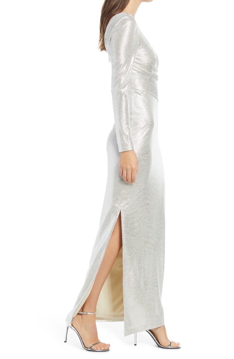 Eliza J Metallic Long Sleeve Faux Wrap Gown, Alternate, color, 