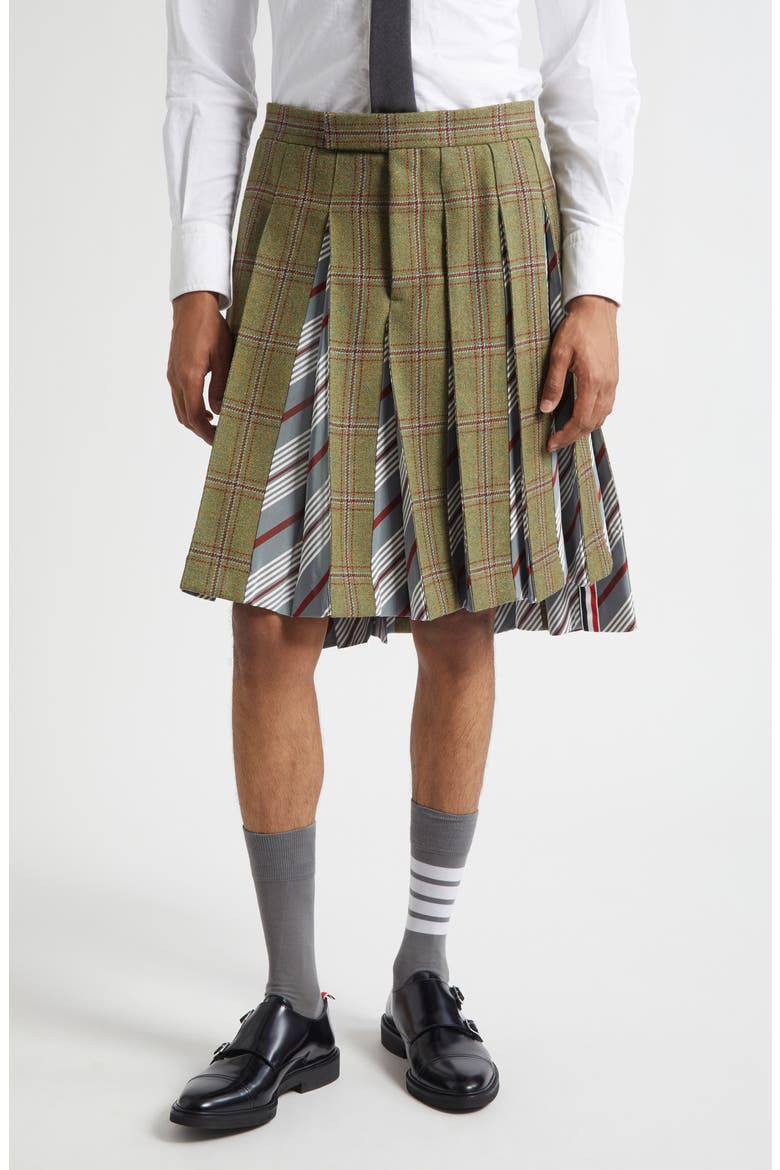 Tartan Pleated Wool Backstrap Skirt, Main, color, GREEN