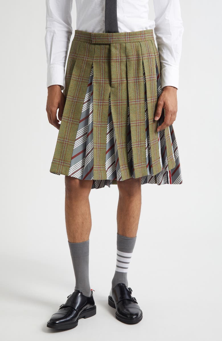 Thom Browne Tartan Pleated Wool Backstrap Skirt, Main, color, Green