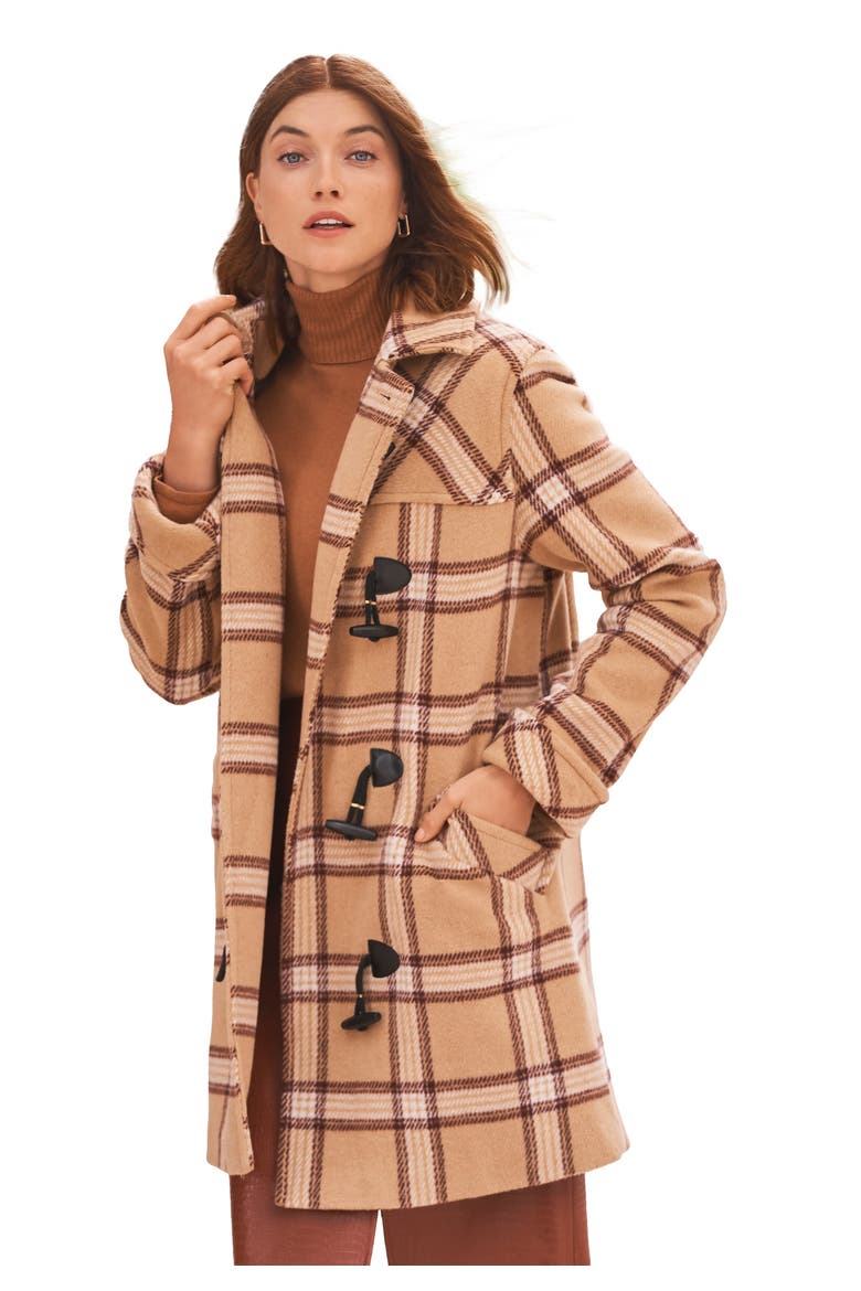 Hooded Toggle Wool Coat, Main, color, SOFT CAMEL PLAID