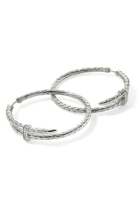 Spear Hoop Earrings, Silver, Diamonds, 40mm