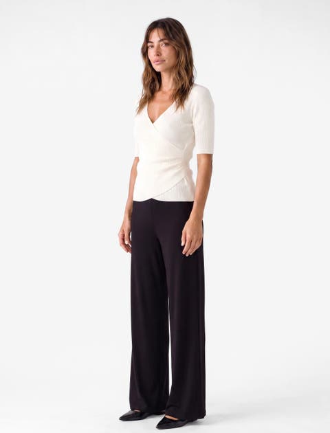 Short Sleeve V Neck Wrap Ribbed Knit Sweater