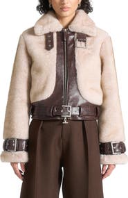 Manière De Voir Deya Plush & Leather Leather Belted Jacket