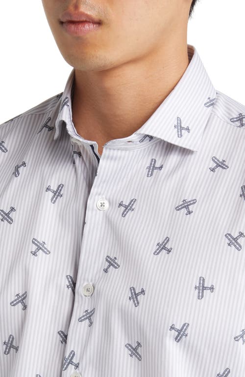 Stone Rose Dry Touch® Stripe Plane Print Performance Sateen Button-up Shirt In Grey