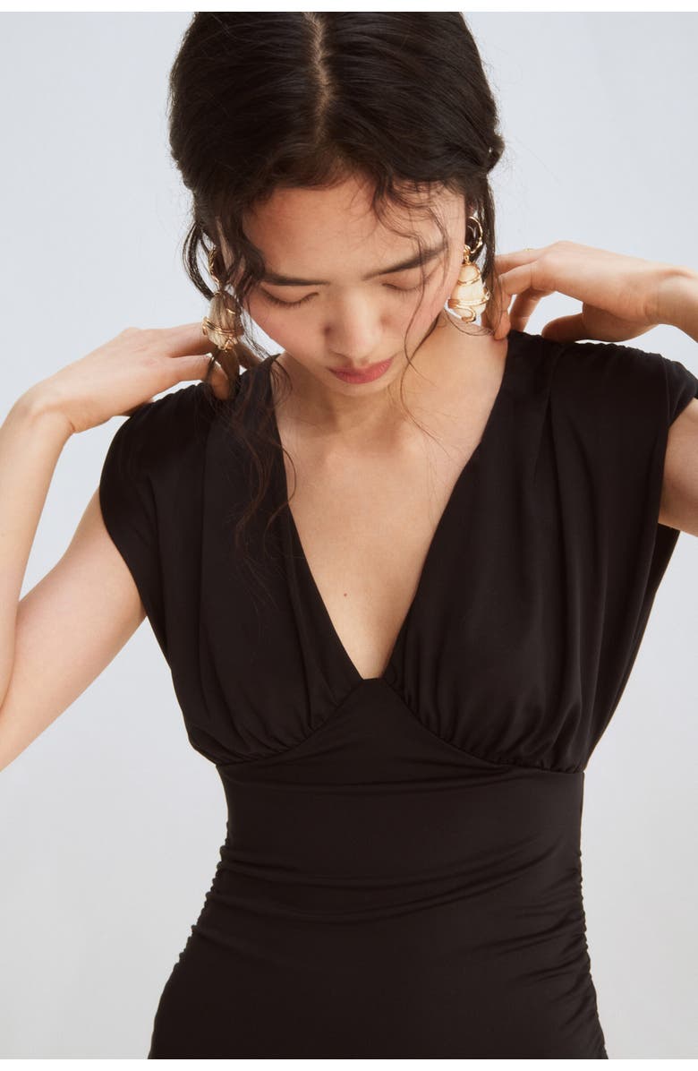 H&M Draped Shoulder-pad Dress, Alternate, color, Black