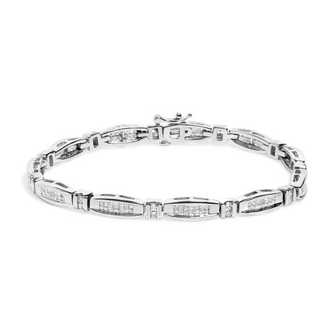 14K White Gold 2.0 Cttw Princess and Round Diamond Bar and Link Bracelet