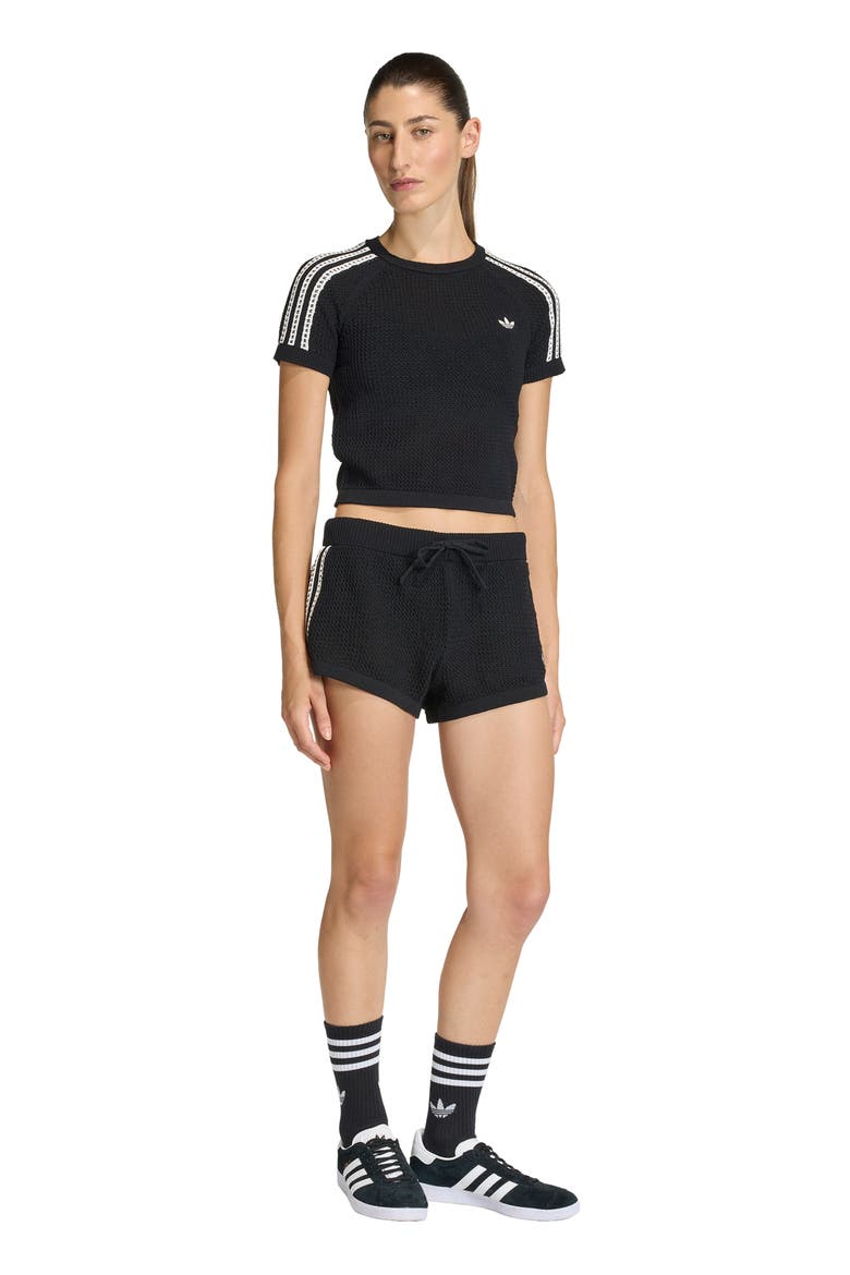 Open Stitch Short Sleeve Crop Sweater, Alternate, color, BLACK
