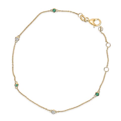 14K Yellow Gold Alternating Green Emerald and Diamond Bezel Station Chain Bracelet