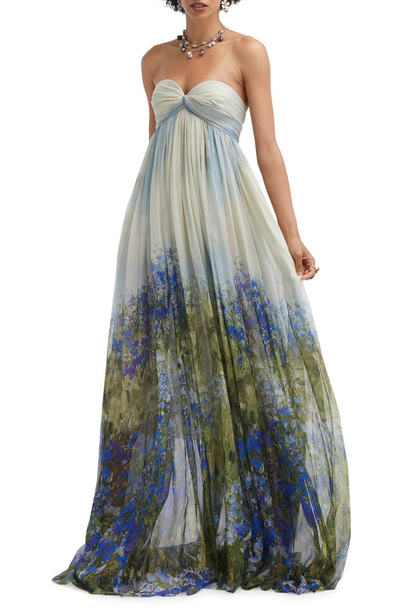 Oscar de la Renta Floral Print Strapless Silk Chiffon Gown, Main, color, 