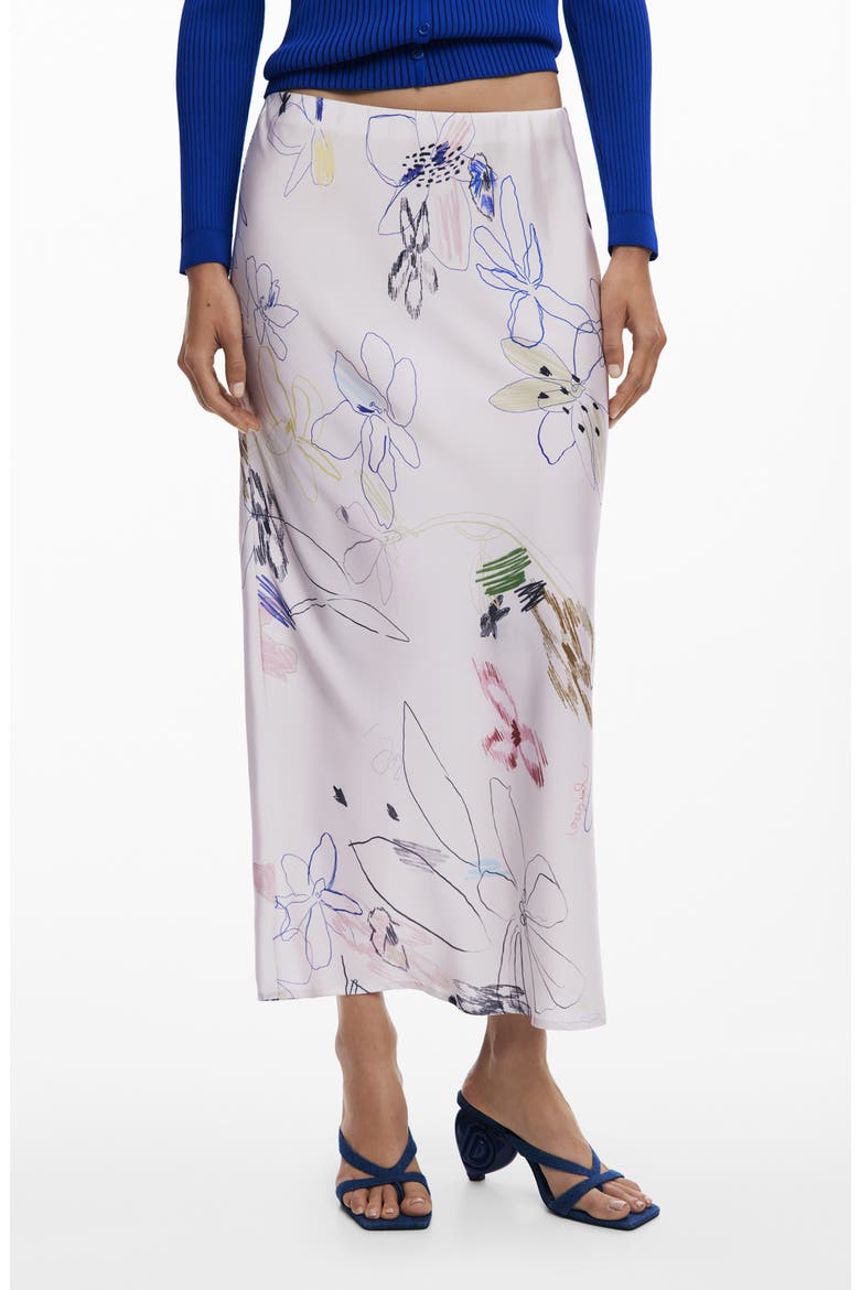 Floral Print Bias Cut Maxi Skirt, Main, color, WHITE/ LIGHT BEIGE MULTI