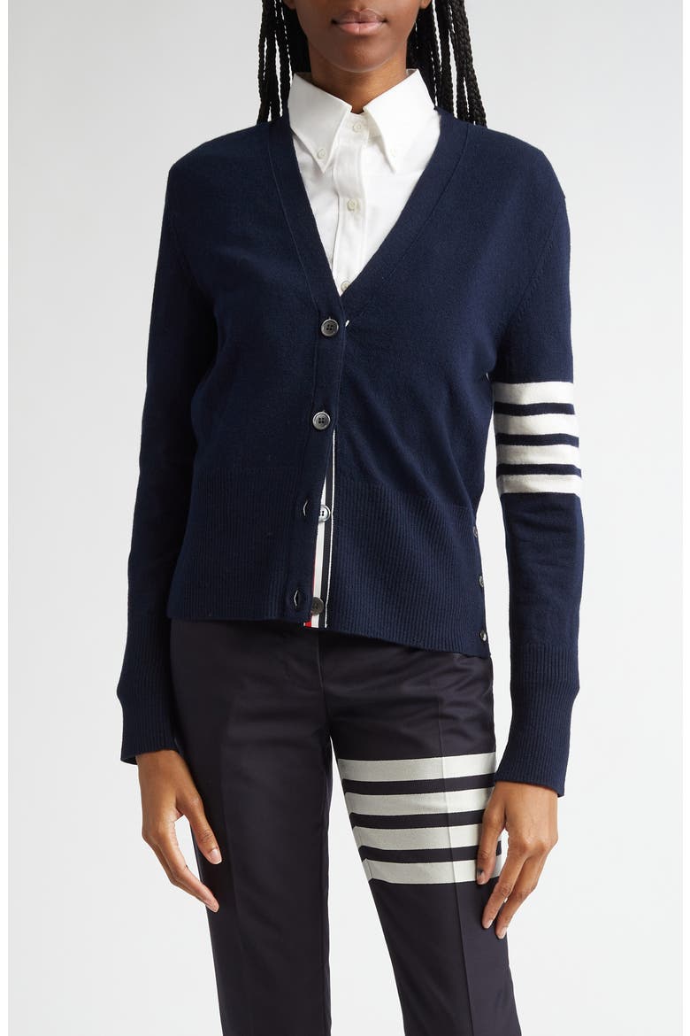Holidays Classic 4-Bar Virgin Wool V-Neck Cardigan, Main, color, NAVY