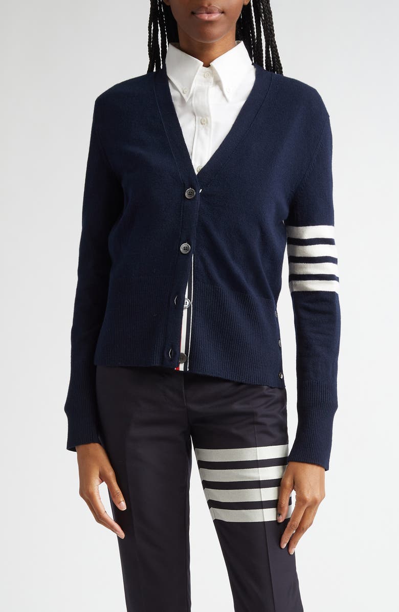 Thom Browne Holidays Classic 4-Bar Virgin Wool V-Neck Cardigan, Main, color, Navy