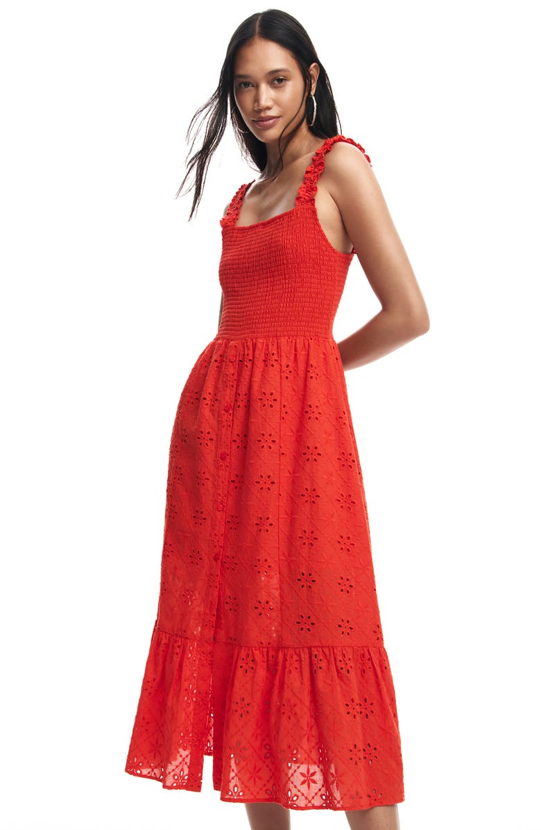 Desigual Coral Smocked Cotton Broderie Anglaise Sundress, Alternate, color, 