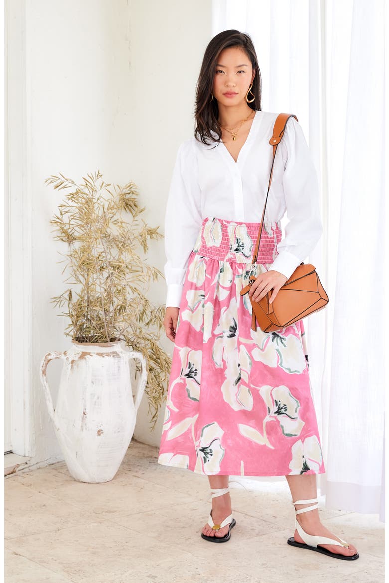 Rhea Floral Cotton Smocked Waist Midi Skirt, Alternate, color, FLORAL PRINT